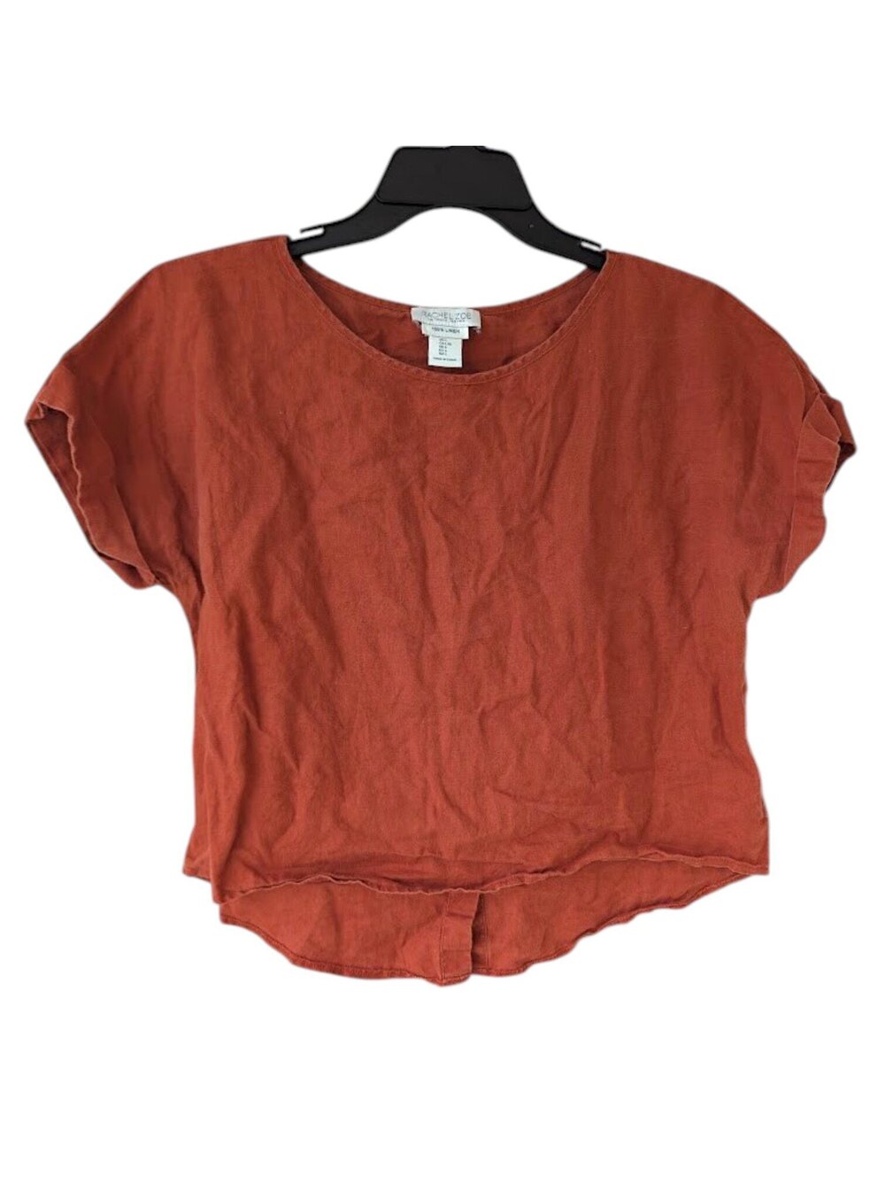 Rachel Zoe Women L Linen Blouse Top Rust Orange Button Back Short Sleeve 21x23.5
